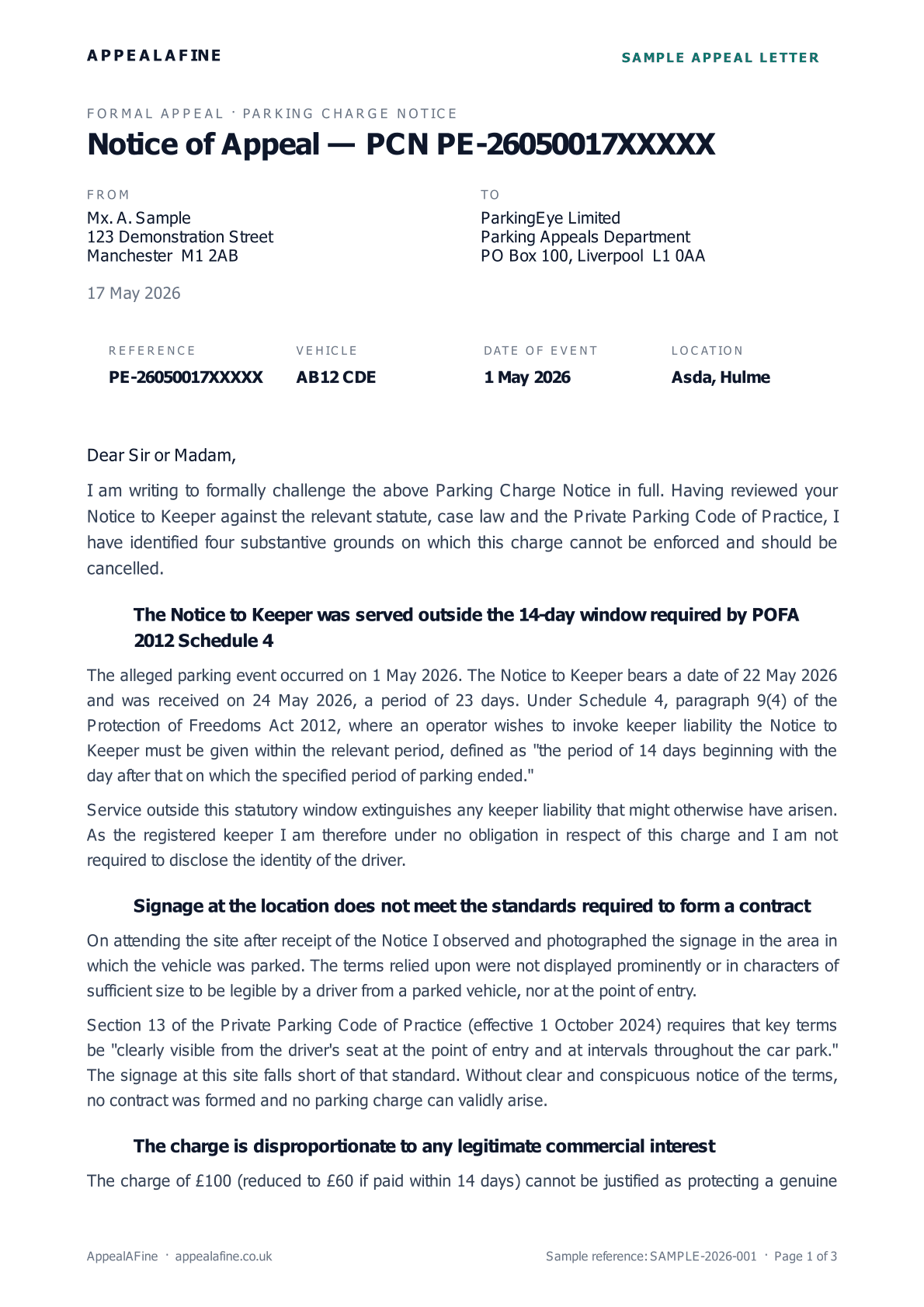 First page of a sample AppealAFine appeal letter showing the addressee, reference, vehicle, date and location, with four numbered legal grounds.